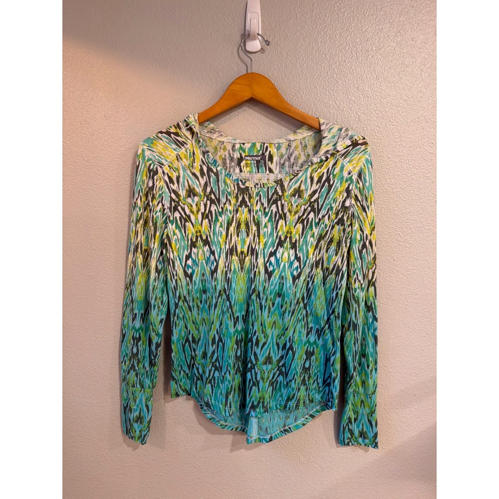 Marmot Hoodie Women Medium Green Abstract Ikat Lightweight Thumbhole Pullover